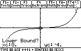 Graphing calculator screen showing the function graph with a prompt for “Lower Bound?” while finding a zero; cursor is at x = 0, y = –4.